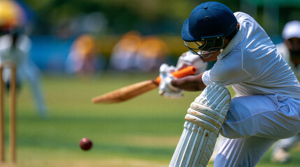 Obraz premium Faceless cricket batsman playing an elegant cover drive, perfect technique and timing, defocused pitch and fielders in background, cricket cover drive concept photography, with