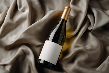 Obraz premium White wine bottle on rumpled golden silk in a studio still-life with a blank label for mockup. Luxury bottle on textured fabric for celebration shots. Celebration, wedding, New Year, Christmas.