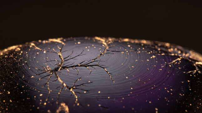 Macro view of evaporating water droplet on glass surface revealing delicate mineral residue and intricate abstract crystallization patterns.