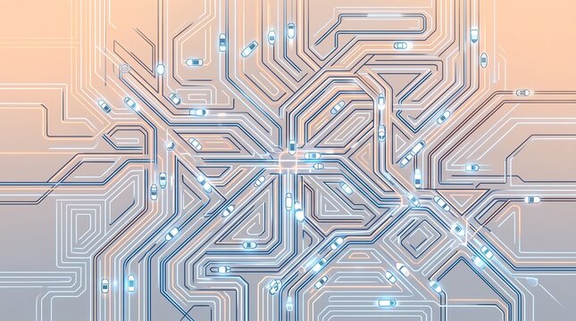 An abstract geometric illustration depicts simplified vehicular shapes navigating a complex, maze-like network resembling a modern microprinted circuit board.