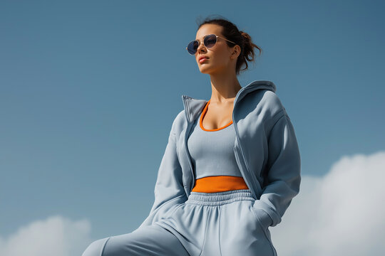 Young woman models stylish cutout activewear outdoors against a clear sky. Fashion, fitness, summer lifestyle, confidence, modern style, leisure, wellness, sport, activity