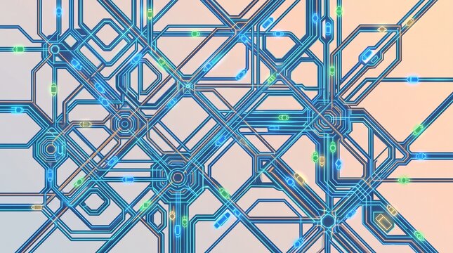 An abstract geometric illustration depicts simplified vehicular shapes navigating a complex, maze-like network resembling a modern microprinted circuit board.