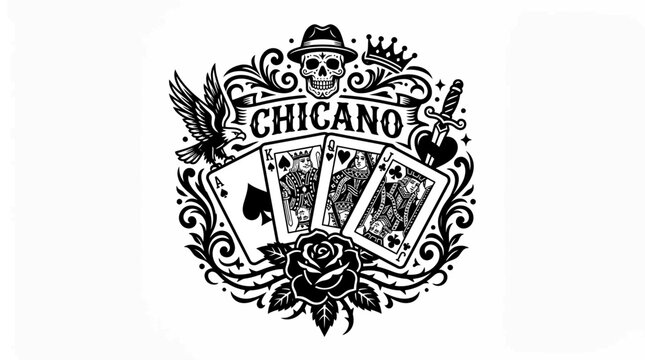 Chicano Art Style Emblem with Skull, Cards, Rose, Eagle, and Dagger
