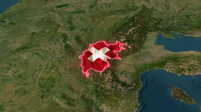 Switzerland nation flag map overlay animating over European satellite view