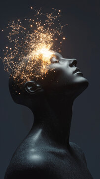 A matte mannequin looks upward as glowing light and liquid energy erupts from its head. A conceptual image about mind, creativity, consciousness, imagination, neural activity and innovation.