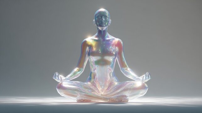 Iridescent Meditating Human Figure in Lotus Pose Futuristic Wellness Concept Art