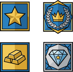 VIP Reward and Gaming Rank Badge Icon Set Featuring Golden Star Crown Laurel Wreath Gold Bars and Diamond VectorsVIP Reward and Gaming Rank Badge Icon Set Featuring Golden Star Crown Laurel Wreath Gol © Mohammad
