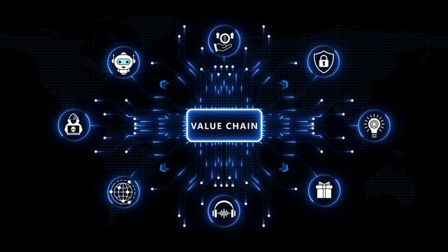 Value chain technology platform featuring intelligent enterprise workflows, connected digital operations, automated business analytics and futuristic process management on dark blue background