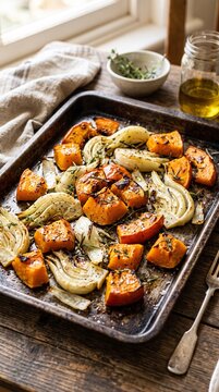 Roasted pumpkin cubes with fresh rosemary and garlic in a rustic baking dish for healthy autumn dinner food blog. Healthy vegetarian side dish of baked pumpkin with olive oil for thanksgiving day