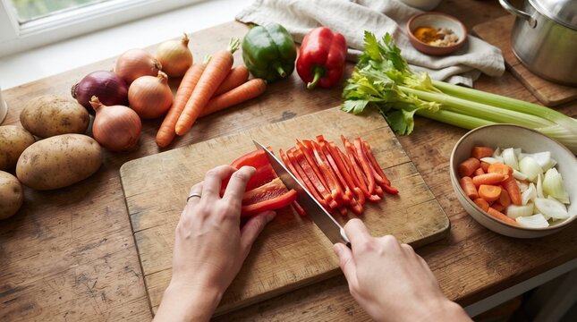 Rustic kitchen counter scene with various vegetables and hands chopping ingredients for a meal. Close-up of slicing colorful fresh vegetables for a vegan recipe, showing the natural textures.
