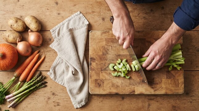 Top view of hands slicing celery with sharp knife surrounded by fresh harvest vegetables for culinary recipe cover.  Atmospheric rustic kitchen setup with chef preparing organic vegan dinner 