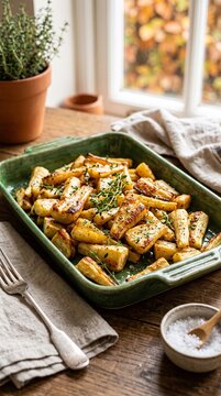 Delicious roasted parsnips with fresh thyme in ceramic dish on wooden table for healthy autumn menu background. Organic baked parsnip vegetable side dish served in green baking pan near window