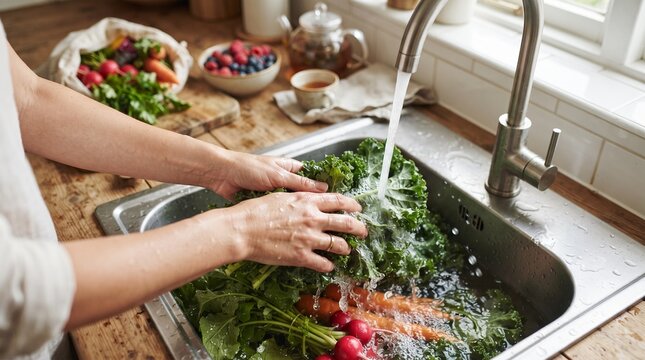 Woman washing fresh farm vegetables in domestic kitchen sink for detox salad and wholesome nutrition banner.  Washing broccoli for a vegan dinner