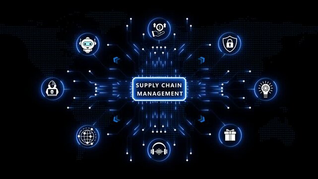 Supply chain management technology dashboard showcasing intelligent logistics systems, connected enterprise operations, automated digital workflows and futuristic business optimization