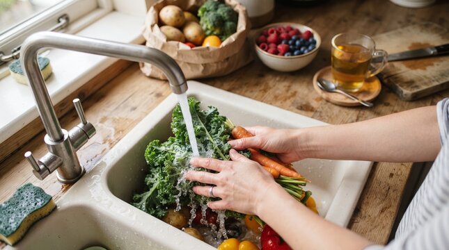 Fresh organic vegetables being washed in kitchen sink with flowing tap water for healthy clean eating diet concept. Healthy lifestyle and diet concept featuring woman cleaning fresh organic vegetables