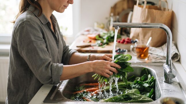 Woman washing fresh green kale and organic carrots under running water in kitchen sink for healthy meal preparation. Close up of female hands cleaning organic spinach and fresh vegetables under  water