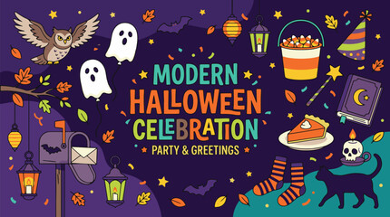 Modern Halloween Celebration Greeting Card Illustration with Party Elements © Abida Sultana 96