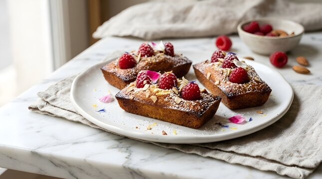 Mini raspberry almond cakes with powdered sugar and edible petals on marble table, homemade bakery