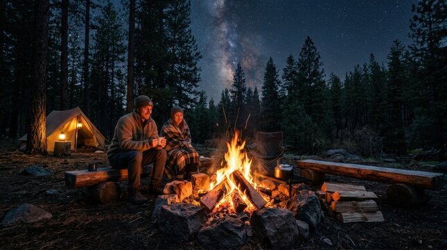 Couple enjoying cozy campfire under the milky way in a forest setting
