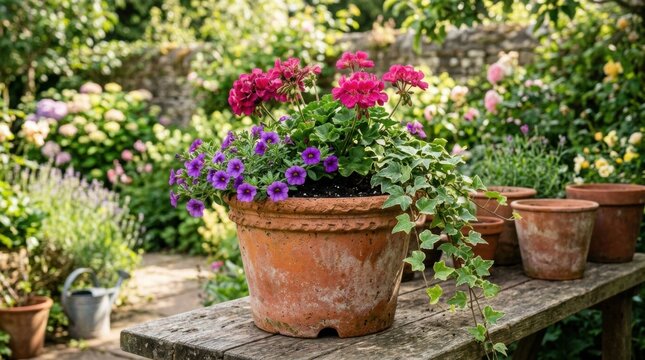 Vibrant geraniums and petunias in terracotta pots on a rustic garden bench