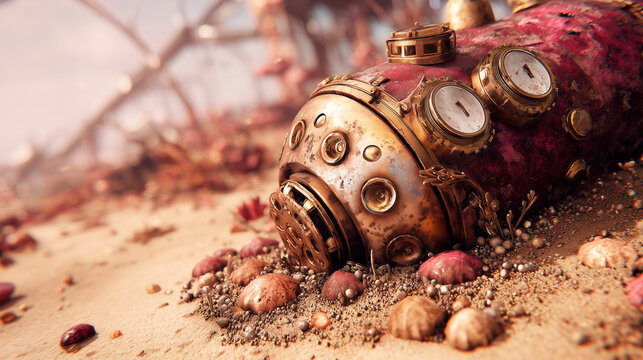A rusty steampunk capsule lies on a sandy surface.