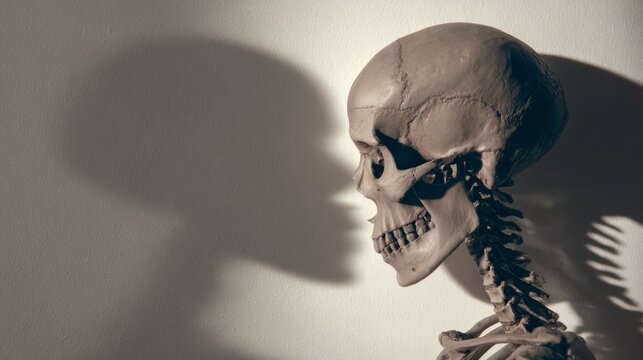 Human Skull Anatomy Casting Dark Shadow On Minimal Background Surface