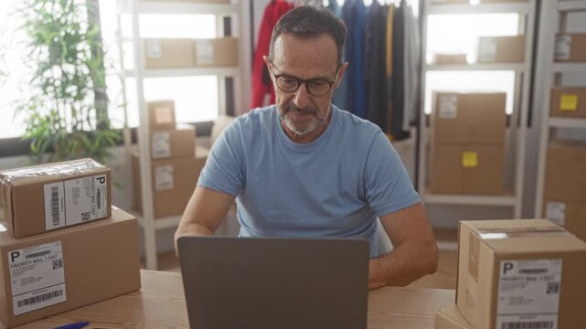 Man working on laptop with hands typing amid stacked shipping boxes and taped parcels in a small business building; focused productivity.