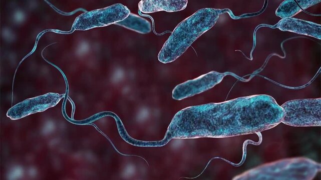 Vibrio cholerae bacterium, 3D animation showing curved comma-shaped Gram-negative cell with single polar flagellum.