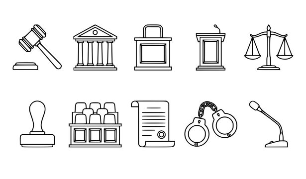 Legal courtroom line icons set with thin stroke government and lawyer symbols vector illustration
