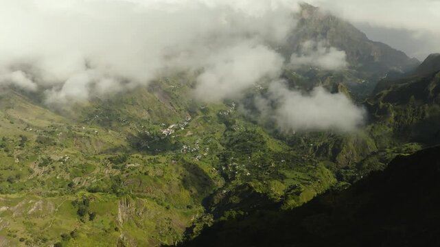 Aerial View of Clouds Above Landscape and Mountains of Cape Verde, Santo Antao Island, Drone Shot