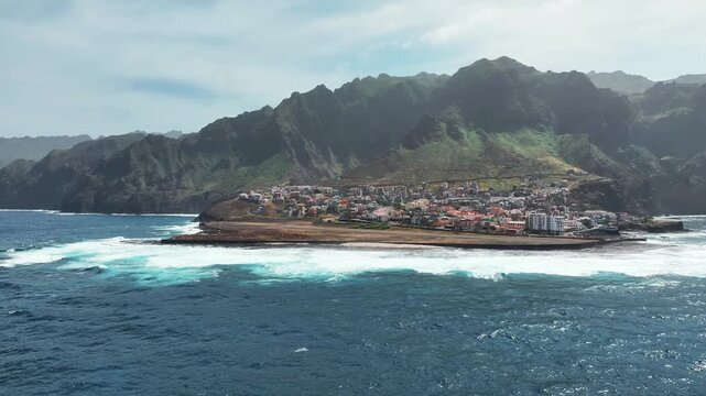 Santo ANtao Island in Atlantic Ocean, Cape Verde, Drone Shot of Ponta do Sol Town Under Volcanic Hills