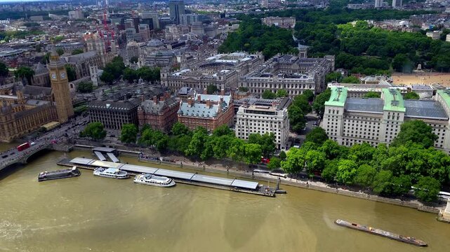 A view from the London Eye on the Thames river showing the building of Westminster