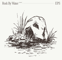 Rock By Water With Tall Grass And Reeds, Hand Drawn Sketch Illustration © TheMountBirdStudio