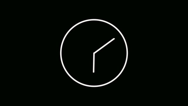 Simple white outline clock animation with rotating hands on a black background ideal for time lapse effects and alpha channel compositing in video projects