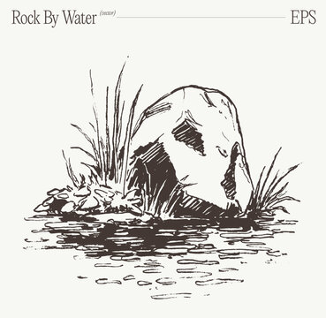 Rock By Water With Tall Grass And Reeds, Hand Drawn Sketch Illustration