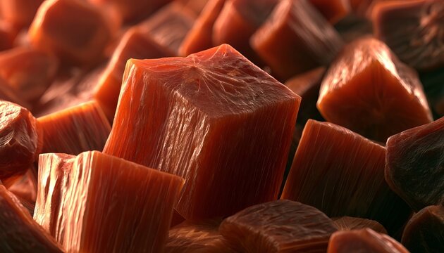 Macro Photography Detailing The Texture Structure In Healthy Dried Ripe Exotic Sweet Papaya Cubes.