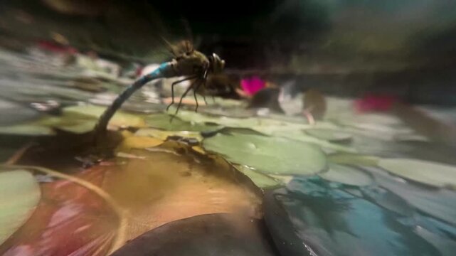 Damselfly Resting on Lily Pad Then Flying Away, Close Up at Pond Surface