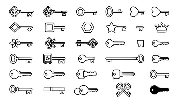 Premium key and antique keys line icons set