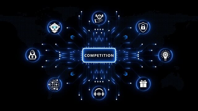 Competition Analytics Dashboard Featuring Intelligent Market Insights and Digital Enterprise Strategy on Dark Blue Background