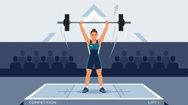 A powerful flat design illustration of a female athlete executing the final jerk phase of a clean and jerk lift during a gym competition, embodying strength, precision, and the spirit of powerlifting.
