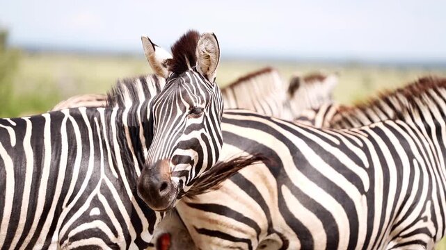 Closeup of a plains zebra looking back over its shoulder while the rest of the herd is standing in the background, Kruger National Park, South Africa.
