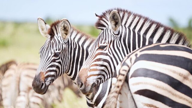 A herd of plains zebras standing on and beside a tar road in Kruger National Park, South Africa, calmly observing their surroundings in the heart of the African bush