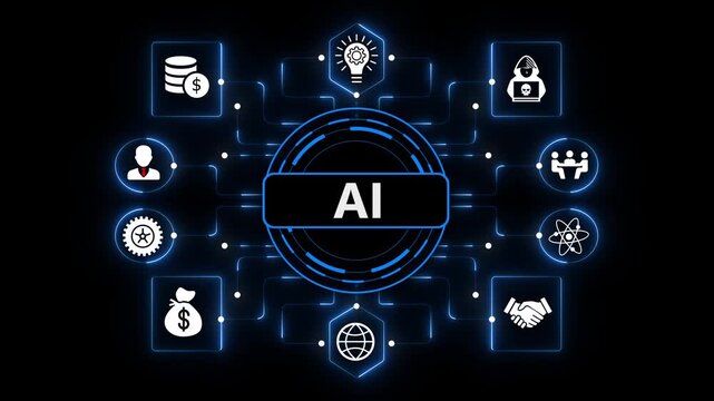Artificial Intelligence Dashboard Featuring Intelligent Digital Automation and Connected Data Systems on Dark Blue Background