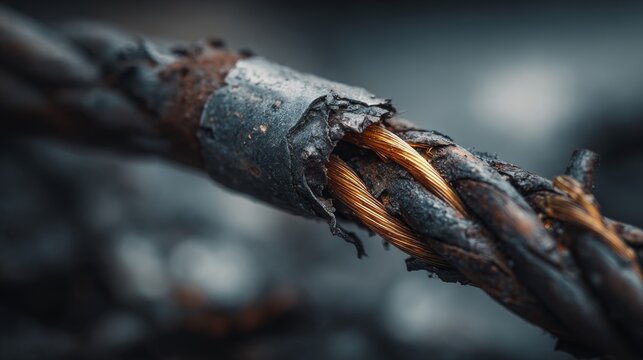Macro View Of Rusted Wire Rope With Frayed Metal Core