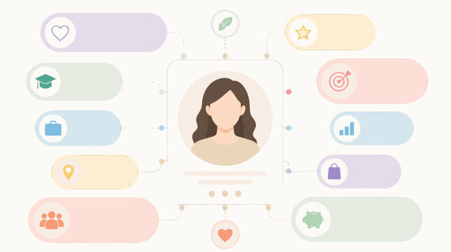 Buyer persona infographic vector with faceless avatar profile card, pastel trait callout bubbles, dotted connectors, marketing audience research, customer insights dashboard, no text layout