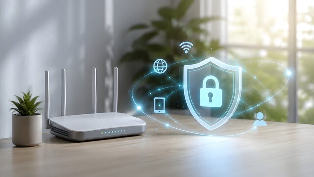Wireless network security concept featuring glowing shield and padlock hologram over router protecting digital data and home internet connection