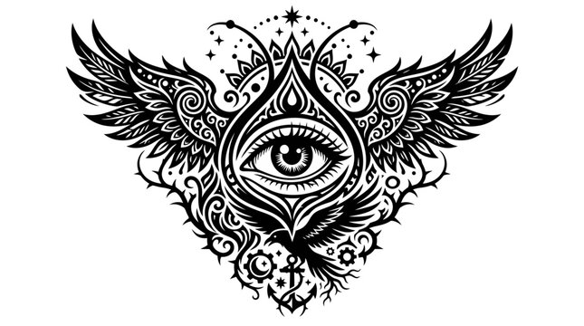 Mystic Eye with Wings and Eagle Tattoo Design