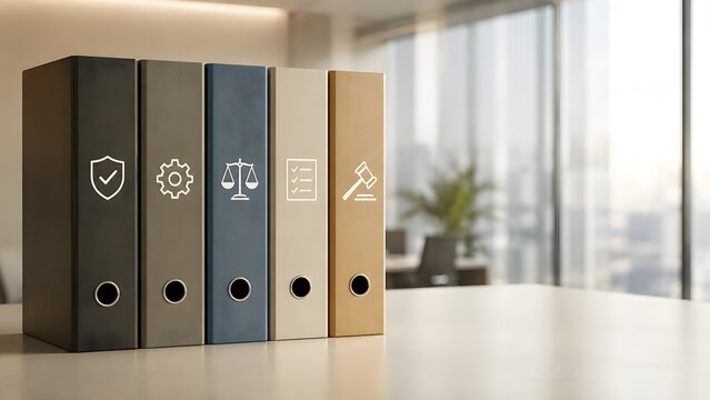 Legal compliance and corporate governance concept featuring business binders with regulatory, security, audit and justice icons in modern office