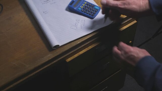 Male worker opens a filing drawer, picks up a pen beside a blue calculator, and writes notes on a desk pad.