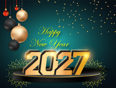 Happy New Year 2027 Golden 3D Text with Festive Ornaments